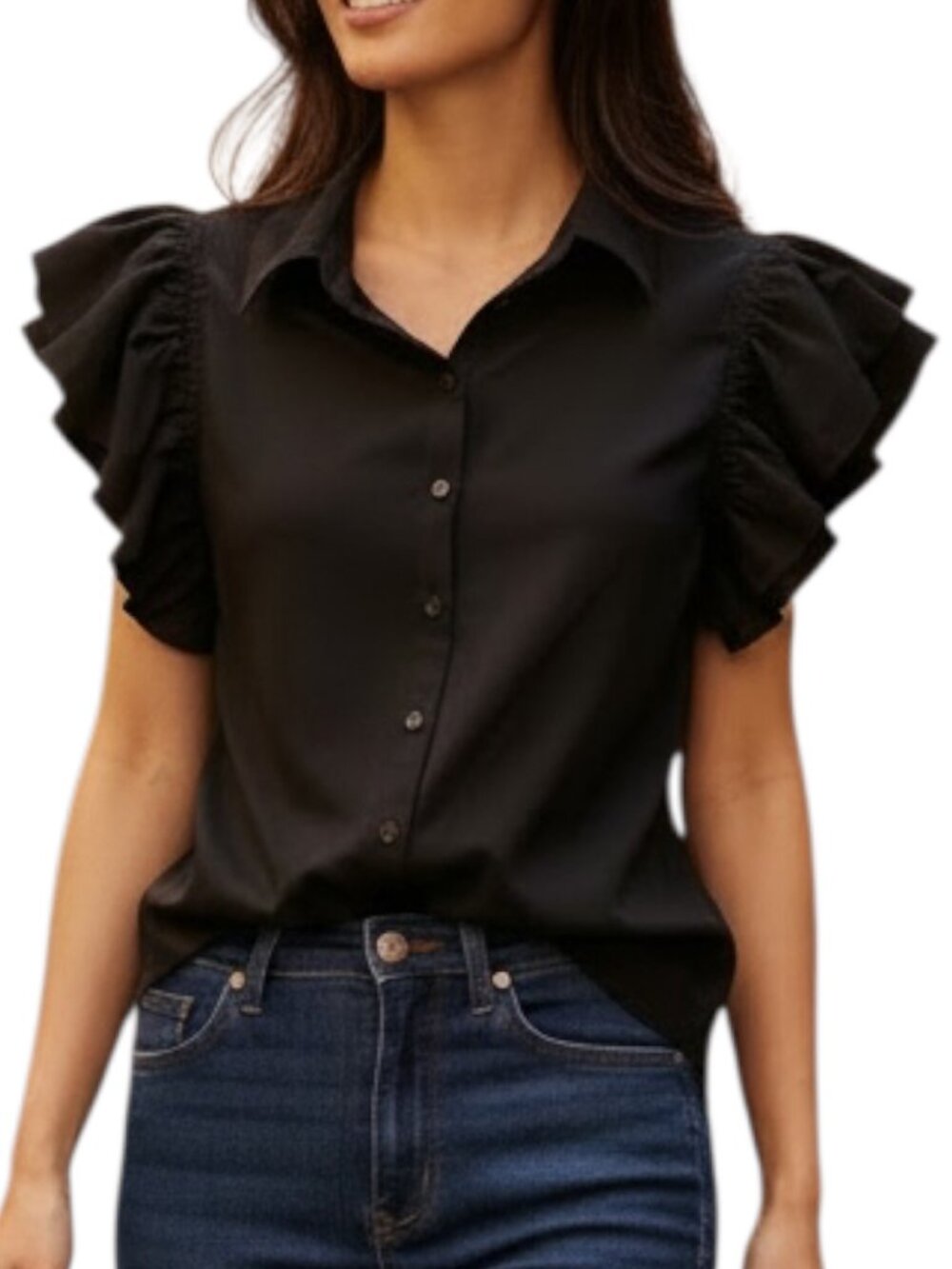 Milk & Honey Blouse Top Shirt Rufle Sleeve Button Front Stretch Woven Black S